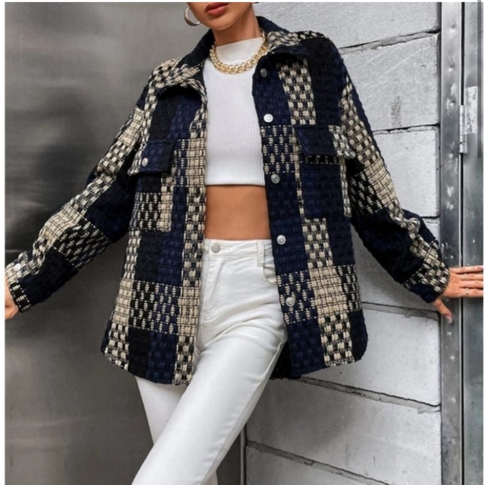 Navy Plaid Print Flap Pocket Oversized button front Casual Shacket jacket Coat